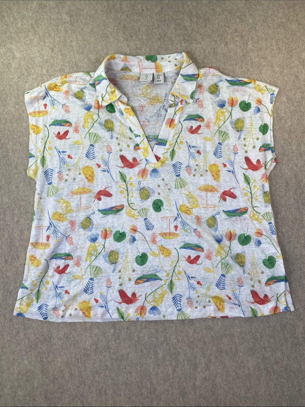 Joie 100% Linen White Polo Top with Multicolor Floral and Bird Print Size XL